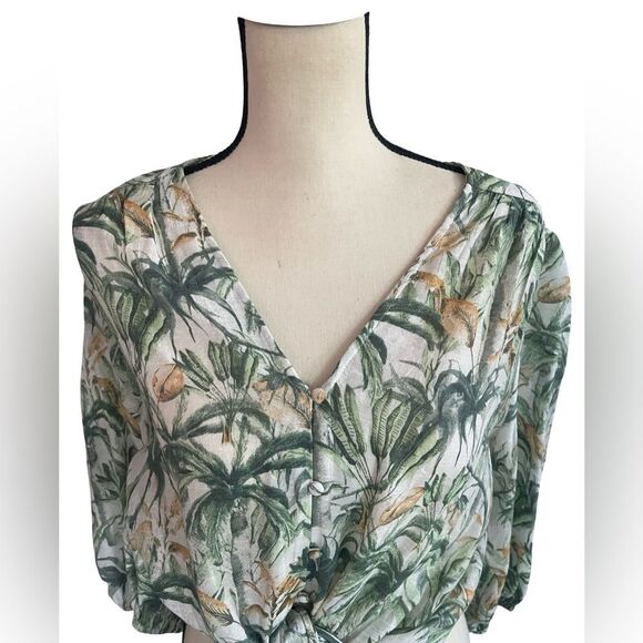 C by One - Tropical Green Tie-Front Blouse. - Picture 2 of 9